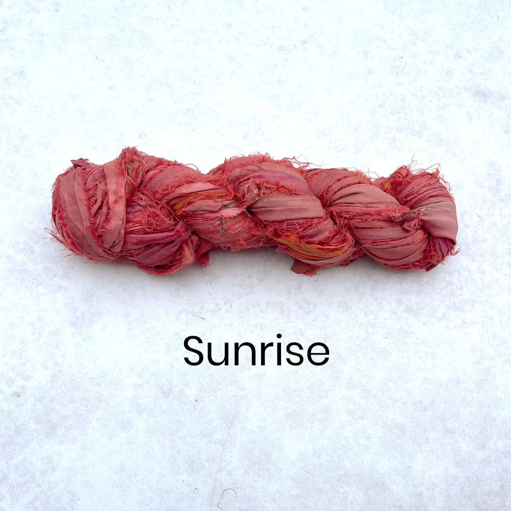 Sunrise pink orange and red sari silk strip for crafting