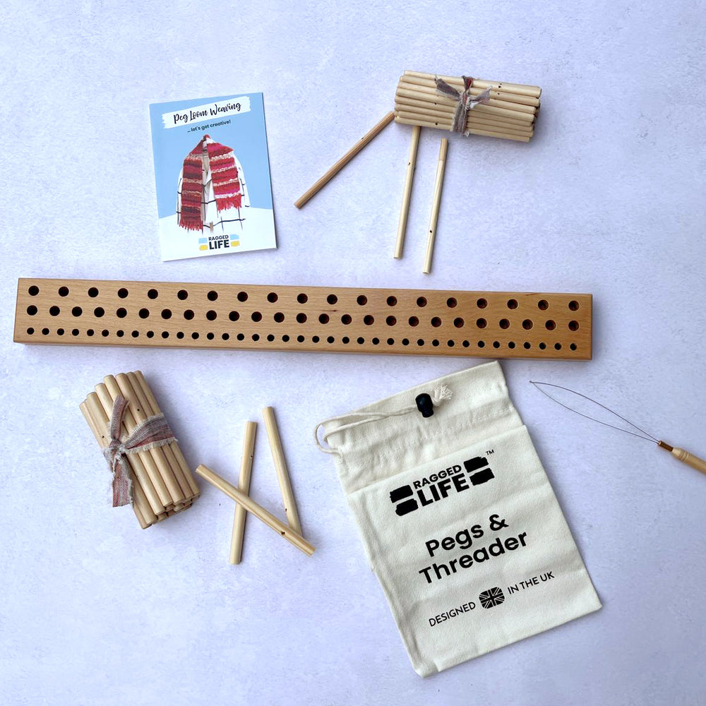 Ragged Life 50cm long wooden peg loom set with threader, instructions and pegs. All the tools and equipment needed to make a peg loom woven rug. 