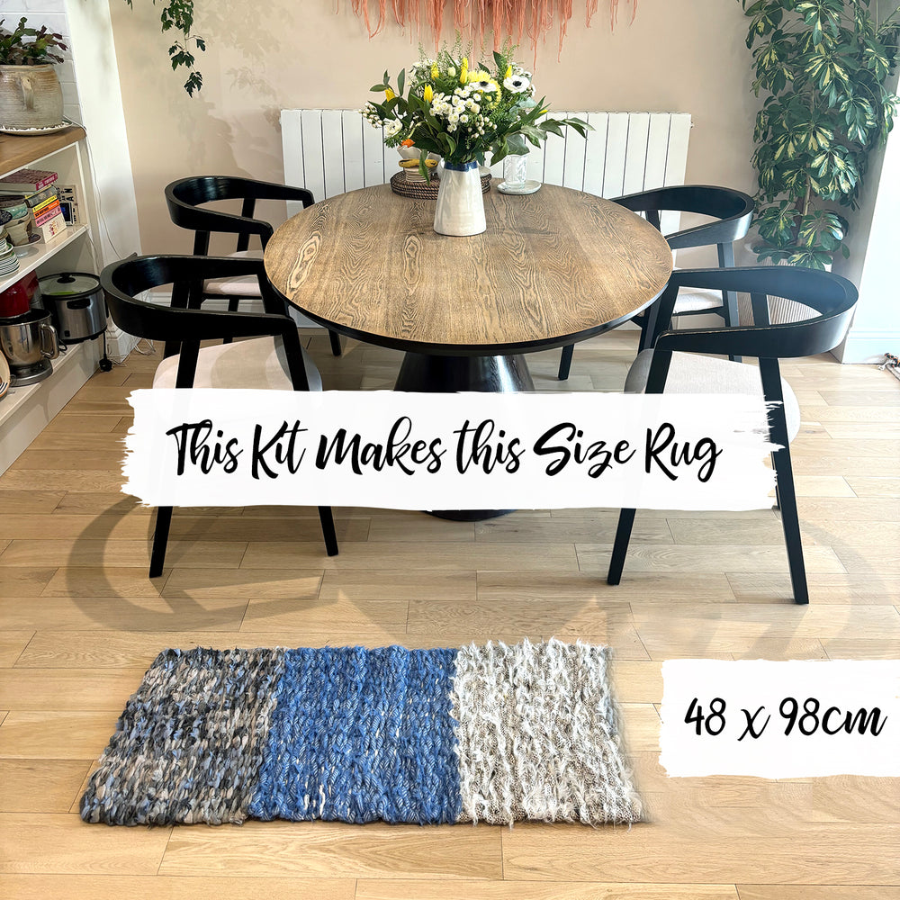 Medium Sized Handmade Peg Loom Woven Rag Rug in front of dining table made using a Ragged Life adjustable wooden loom