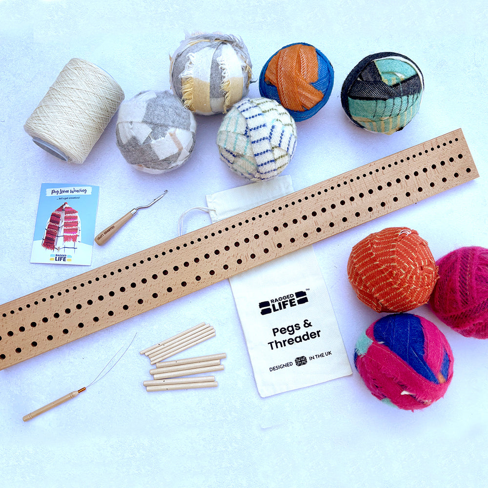 Ragged Life extra large wooden peg loom kit to make handmade rag rugs. Includes wool, peg bag, step by step tutorials, latch hook, warp, threader and pegs
