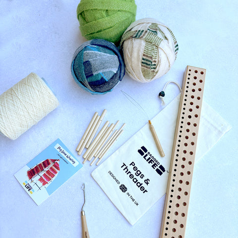 Ragged Life Beginners Peg Loom Kit with Tools, Fabric, Warp - everything needed to make your first peg loom woven rug. 
