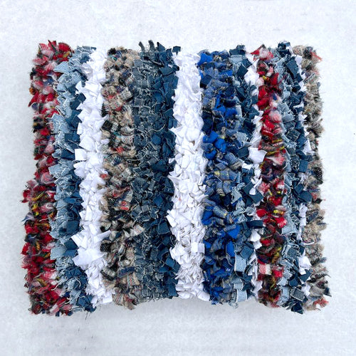 Denim, tartan and white cotton striped rag rug cushion