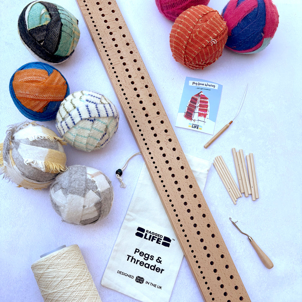 Ragged Life Beginner 90cm Peg Loom Kit including choose your own colour scheme fabrics, all the tools for beginners to make their first handmade woven rug