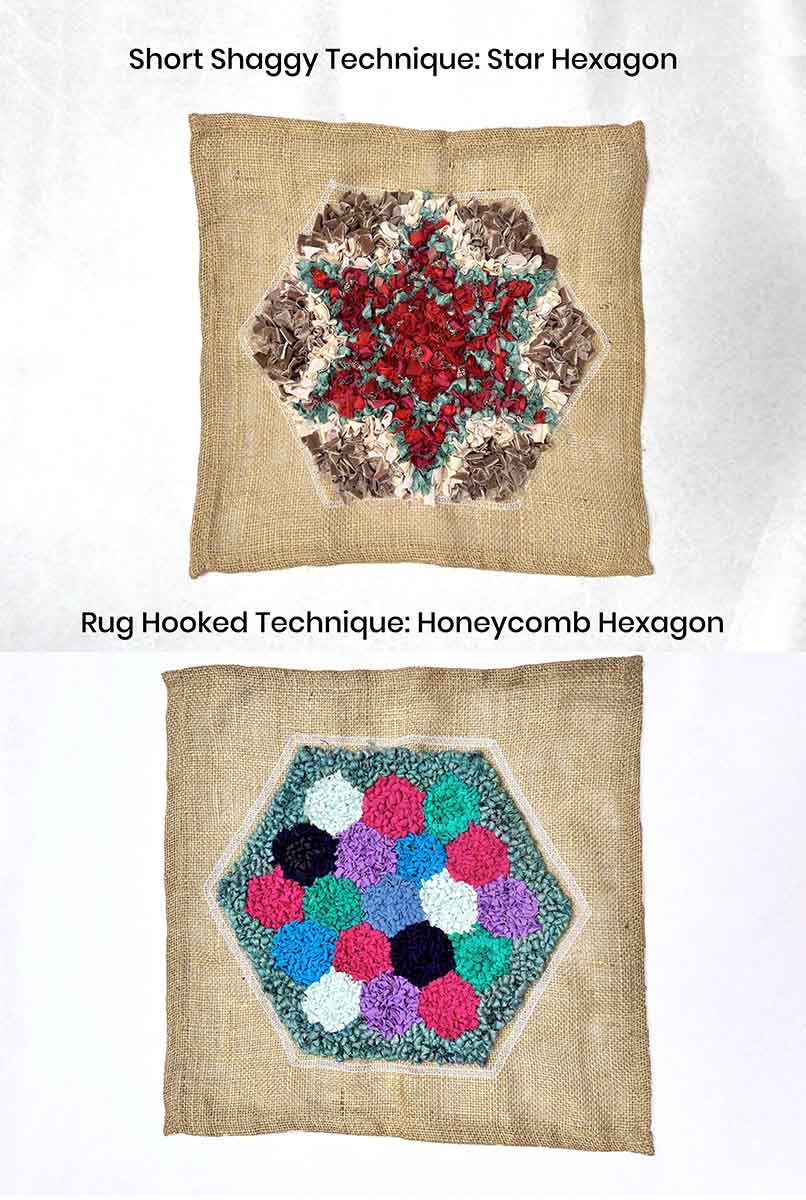 Two hexagonal rag rug patterns on burlap fabric, one using the short shaggy technique and the other the rug hooked technique.