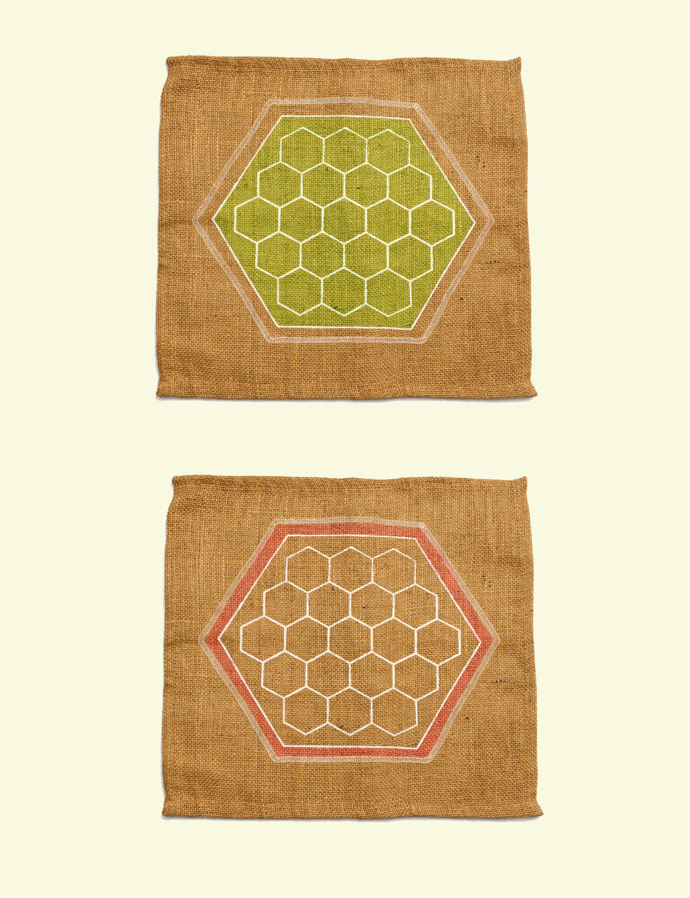 Illustration to show where to rag rug on the hexagon hessian designs for the Ragged Life Rag Rug Hive Community Patchwork project