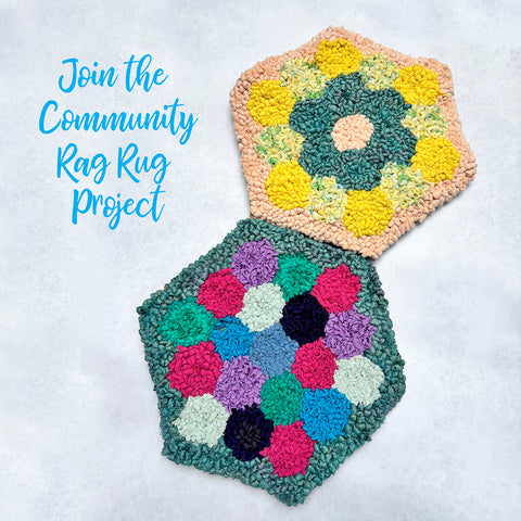 Two colorful hexagonal rag rugs on a light background with text inviting participation in a community project.