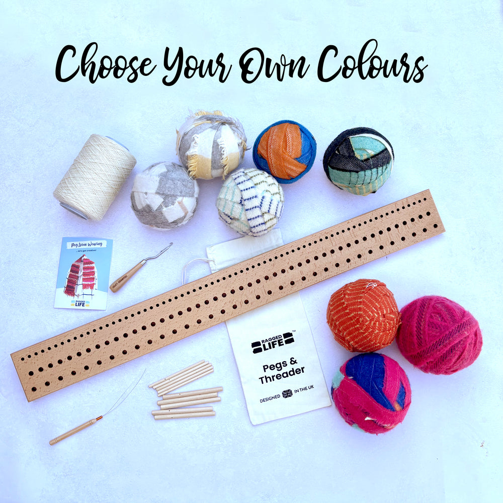 Quality Beginner Peg Loom Kit with multicoloured fabrics, instructions, tools and kit bag. Perfect present for craft-lovers