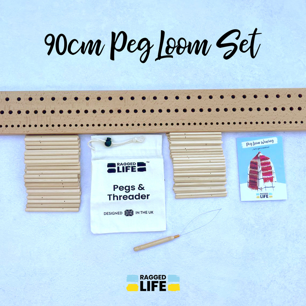 Ragged Life peg loom weaving kit with pegs, threader and instructions. Suitable for raw fleece, fabric and wool. 