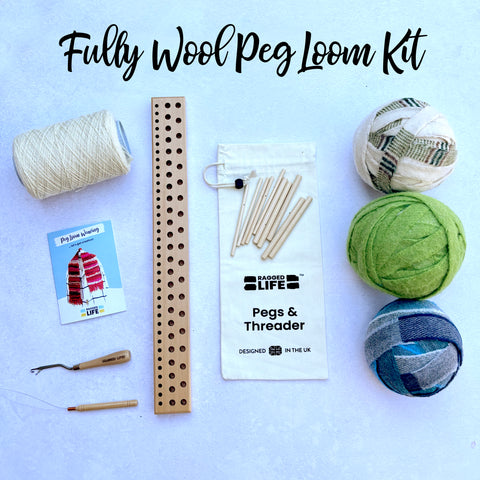 Ragged Life Beginners Peg Loom Kit with Tools, Fabric, Warp - everything needed to make your first peg loom woven rug. 