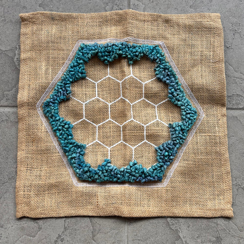 Blue rug hooked border on simple honeycomb rag rug with pre-printed design