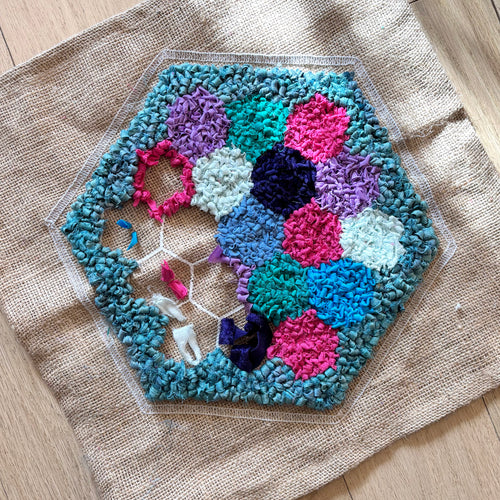 Work in progress pink, blue, purple and turquoise rug hooking project for beginners