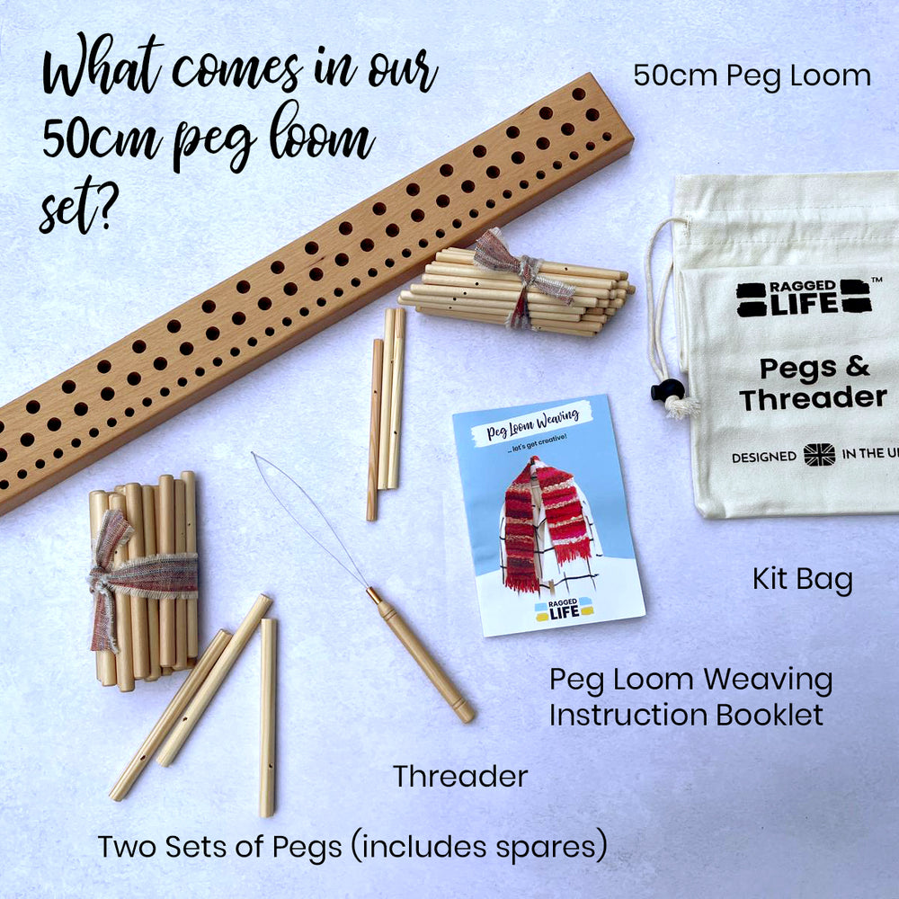 The tools and equipment that comes in a Ragged Life 50cm wooden peg loom weaving kit, including pegs, instructions, threader and kit bag. Three rows of holes to work with fleece, fabric and wool.