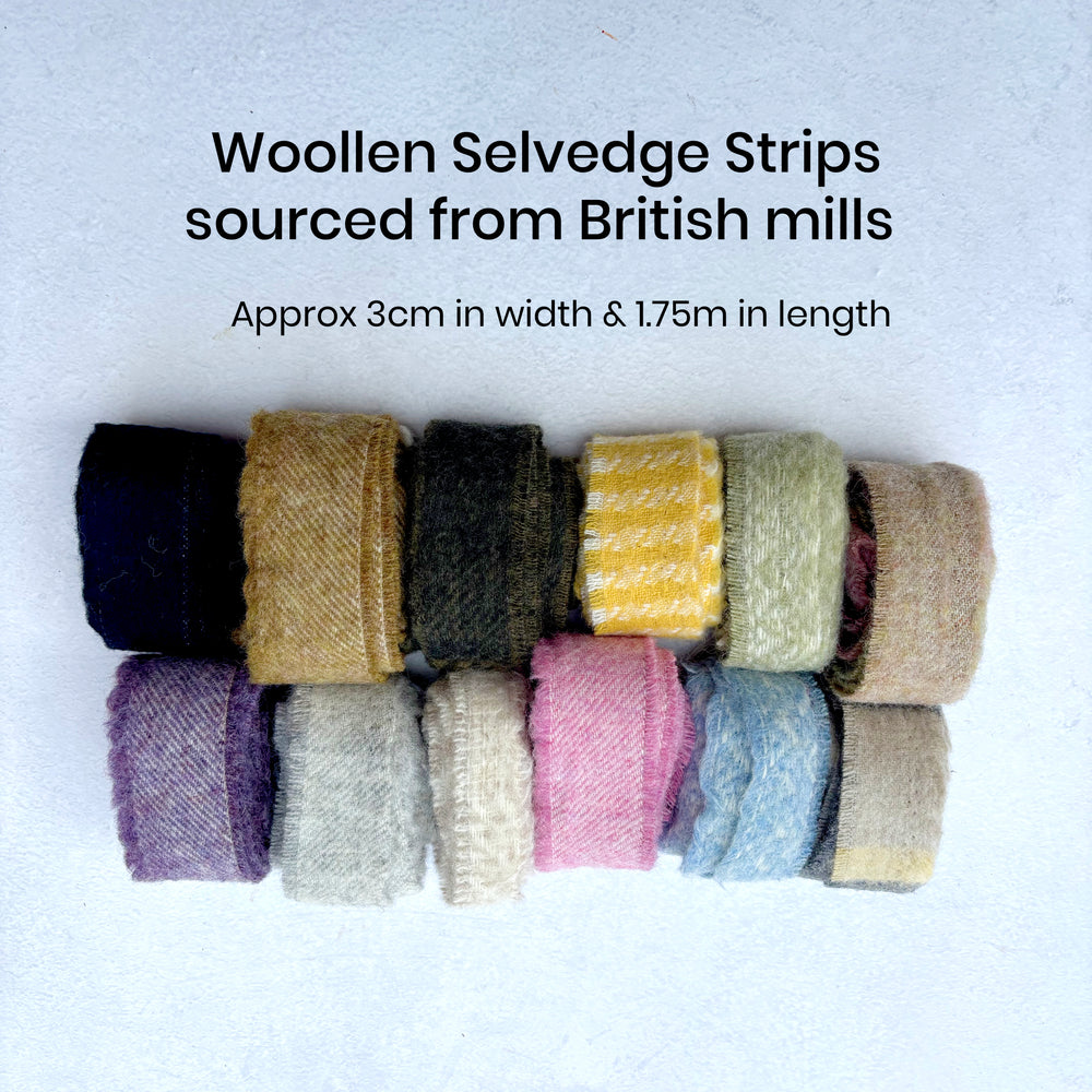 Collection of woollen selvedge strips in various colors on a light gray background.