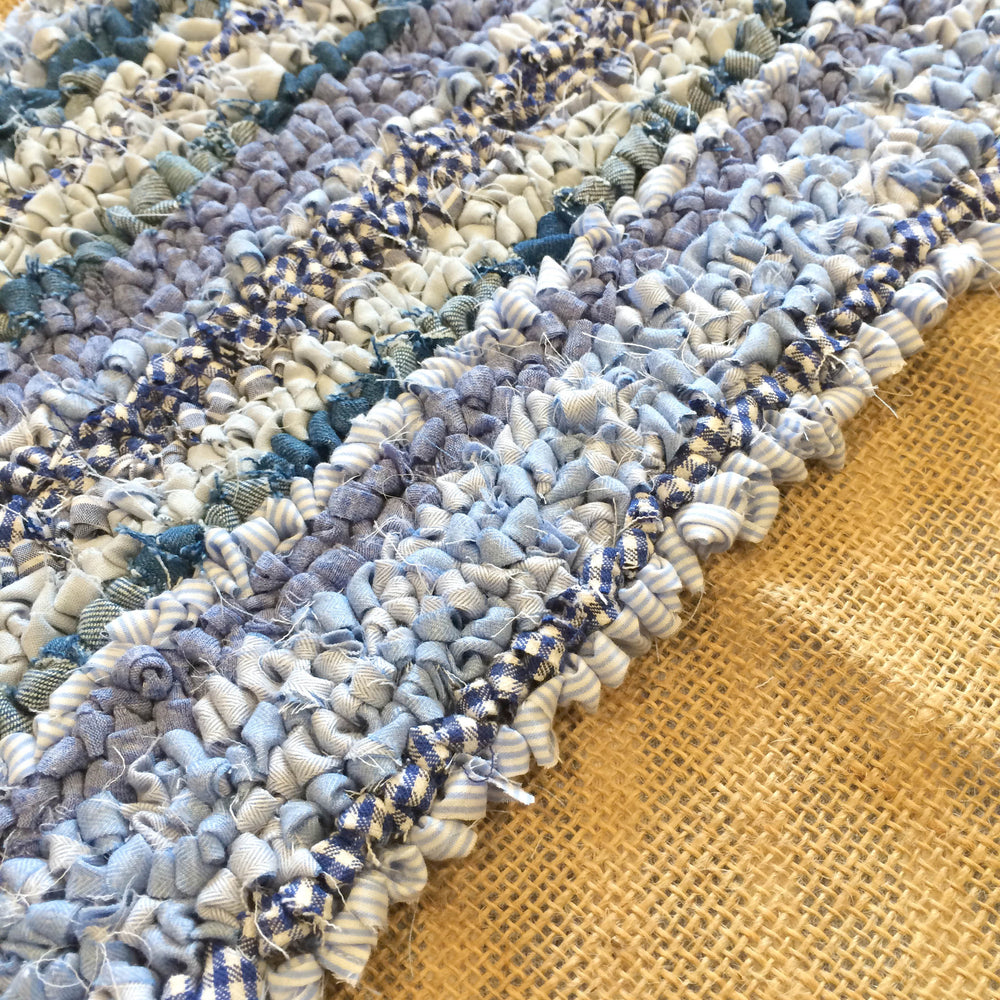 Hessian with blue loopy striped rag rugging partially done