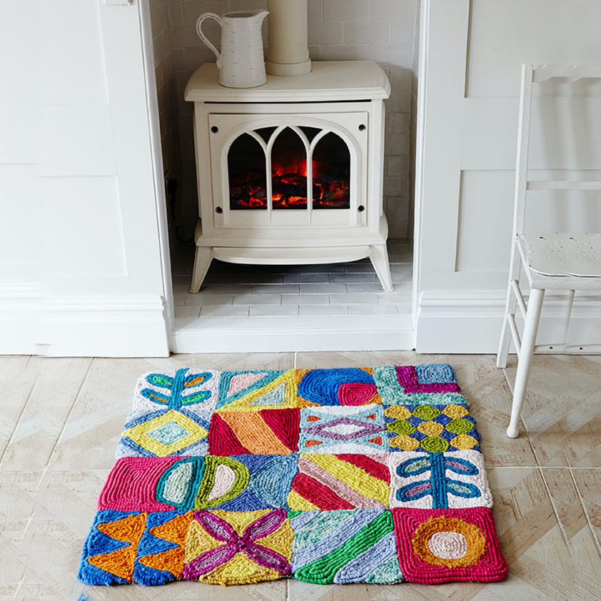 Colourful locker hooked rag rug from rag rug techniques for beginners by elspeth jackson